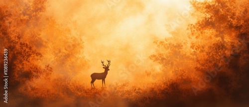 majestic deer standing in a misty forest at sunrise