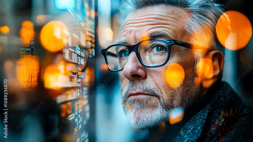 Economic contraction signals. futuristic trader analyzing data with thoughtful expression, surrounded by glowing lights and digital displays, showcasing modern trading environment Economic contraction signals. futuristic trader analyzing data with thoughtful expression, surrounded by glowing lights and digital displays, showcasing modern trading environment