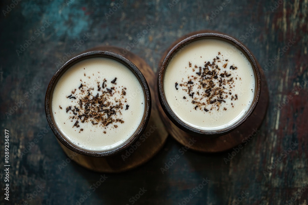 Two Cups Of Creamy Spiced Beverage Await Enjoyment Two Cups Of Creamy Spiced Beverage Await Enjoyment