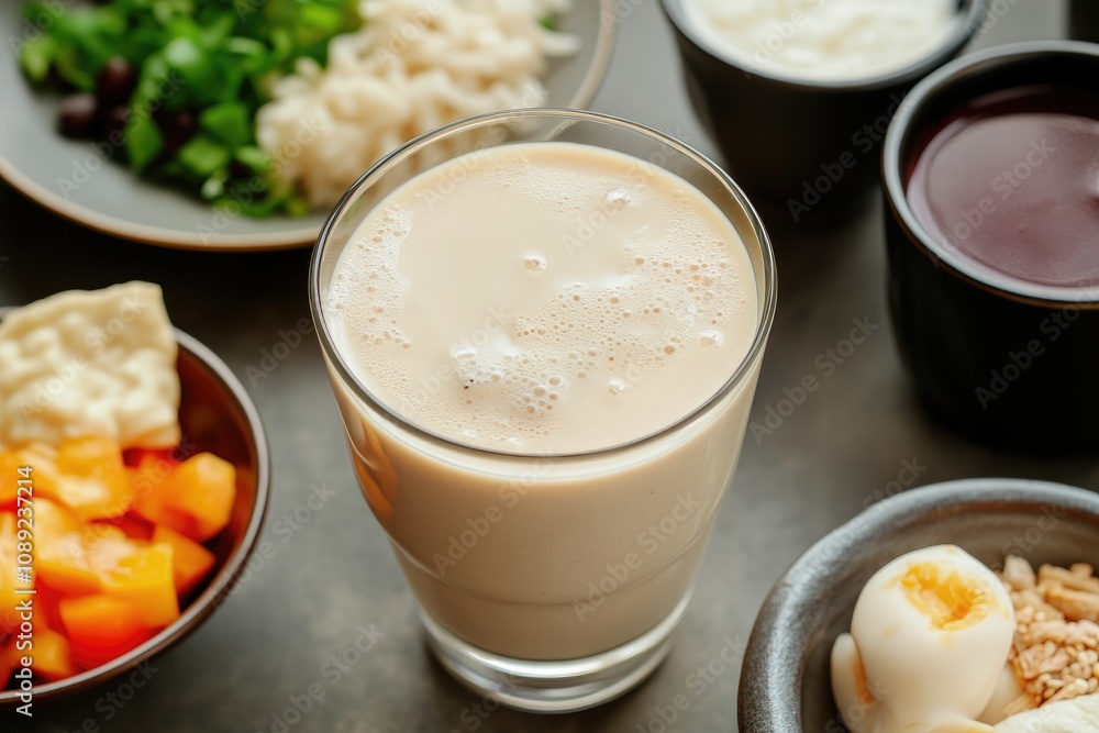 Glass of Soy Milk with Breakfast Foods Nearby Glass of Soy Milk with Breakfast Foods Nearby