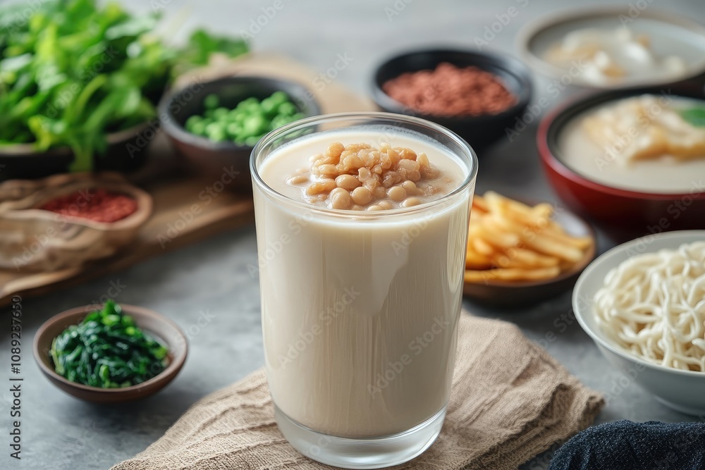 Soy Milk Drink Topped With Soybeans And Surrounding Ingredients Soy Milk Drink Topped With Soybeans And Surrounding Ingredients