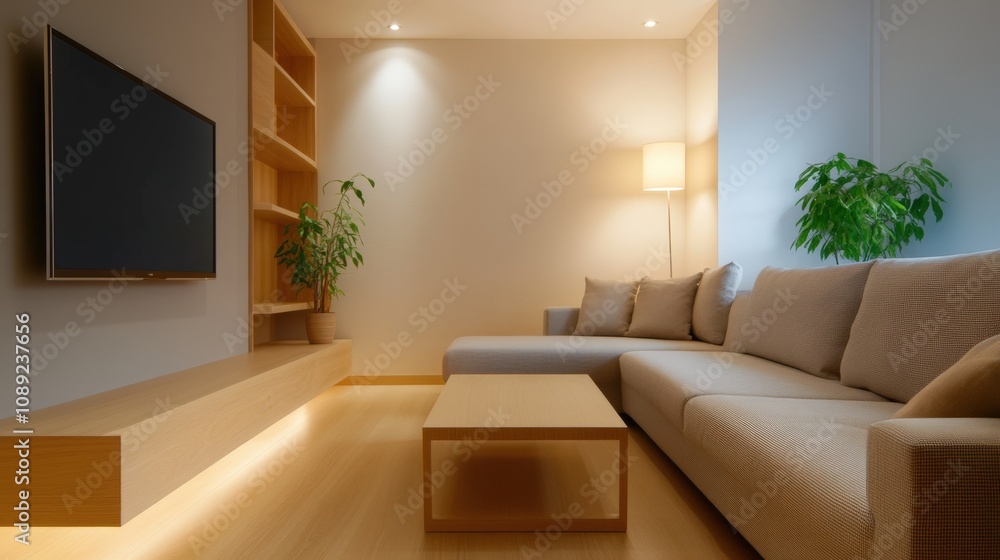 modern living room interior with cozy sofa and decorative plants modern living room interior with cozy sofa and decorative plants
