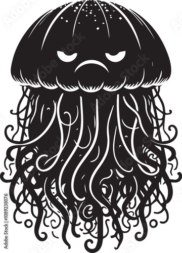 A jellyfish silhouette with a grumpy expression vector black photo