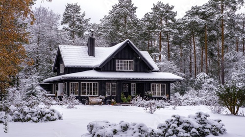 Scandinavian house with a steep, dark metal roof, snow-covered surroundings, winter forest, 