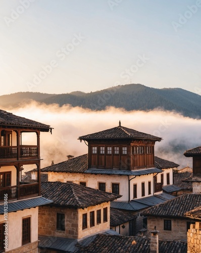 Stunning Historic Houses in Safranbolu Shrouded in Mist with Majestic Mountains in the Background, Showcasing Architectural Beauty of Ottoman Era photo