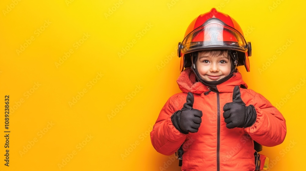 A cheerful child in a firefighter's helmet and jacket giving thumbs up against a yellow background. A cheerful child in a firefighter's helmet and jacket giving thumbs up against a yellow background.