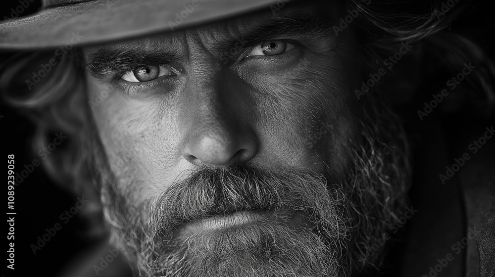 Intense Portrait of a Rugged Bearded Man in Black and White Intense Portrait of a Rugged Bearded Man in Black and White