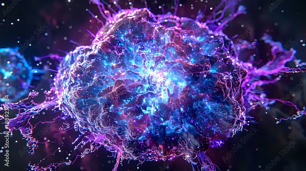 Obraz premium A vibrant, abstract representation of a neural network or cellular structure.