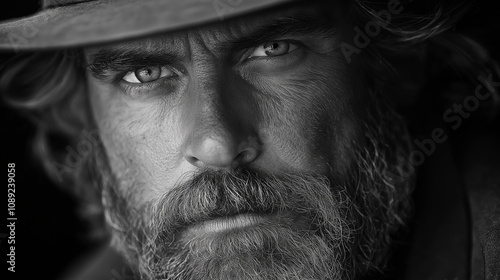 Intense Portrait of a Rugged Bearded Man in Black and White