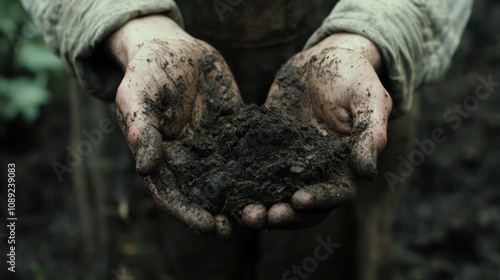 Hands holding dark, rich soil, symbolizing connection to nature and agriculture.