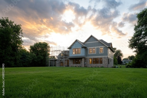 modern house with scaffolding at sunset in a lush green yard