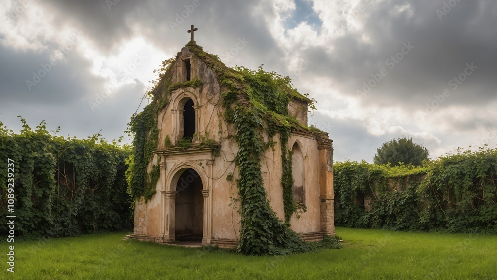 Ruined Chapel in Cordoba Surrounded by Tangled Vines and Overgrown Grass Under Dramatic Cloudy Sky Ruined Chapel in Cordoba Surrounded by Tangled Vines and Overgrown Grass Under Dramatic Cloudy Sky