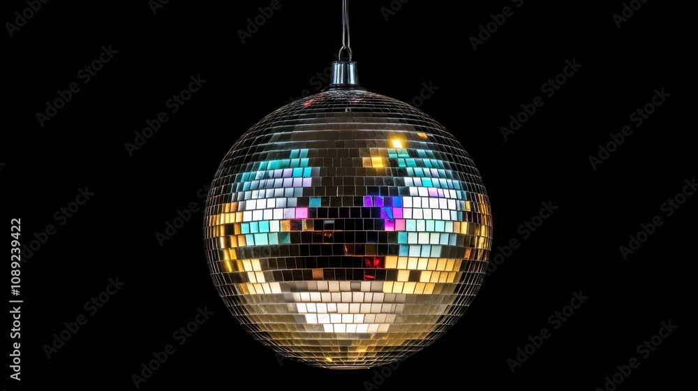 Obraz premium Glittering Disco Ball Hanging Against a Black Background Reflecting Colorful Lights and Creating a Festive Atmosphere for Parties and Celebrations