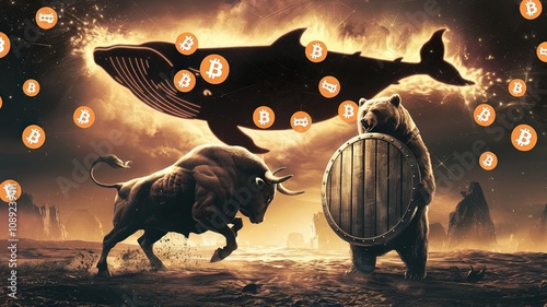 Bitcoin Market Battle Bull vs Bear with Whale Influence in Cryptosphere Digital Art Abstract Environment Dramatic Viewpoint photo