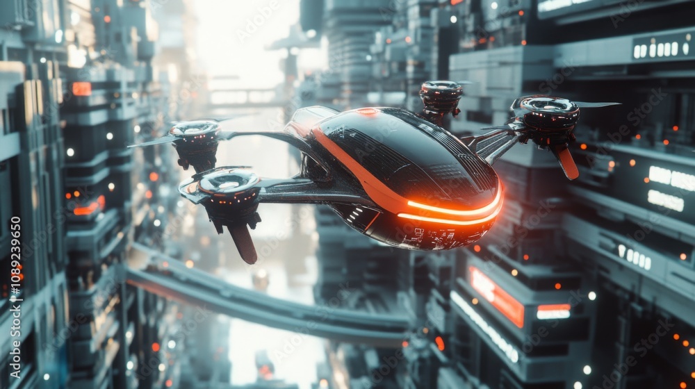 A black and red futuristic drone flies through a city with chrome-like buildings. The drone is equipped with four propellers and has an orange glow around its edges. A black and red futuristic drone flies through a city with chrome-like buildings. The drone is equipped with four propellers and has an orange glow around its edges.
