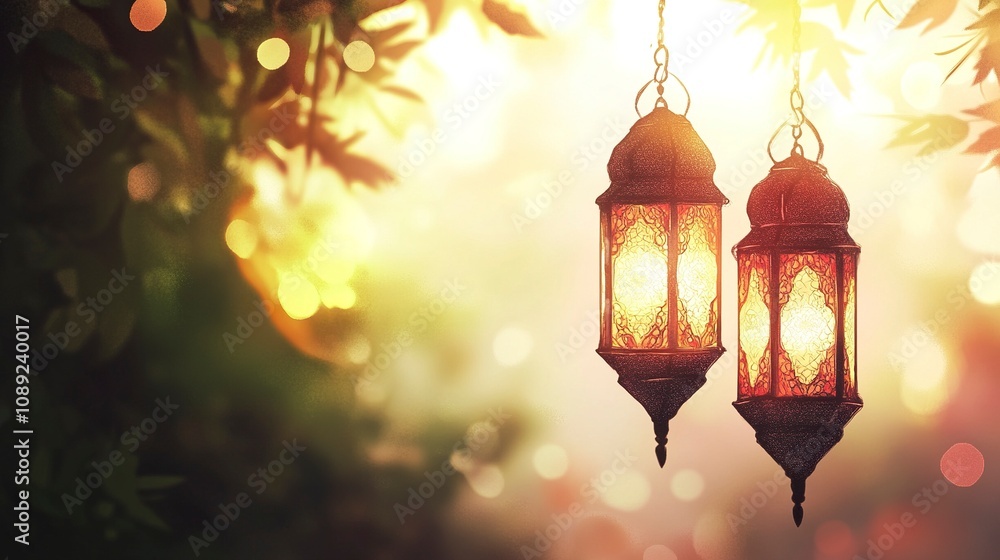 one hanging Islamic lanterns on a blurry light background. it will be on the left side of the artboard, generative ai one hanging Islamic lanterns on a blurry light background. it will be on the left side of the artboard, generative ai