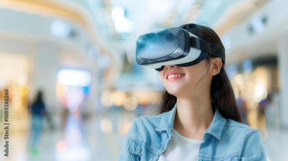 A cheerful young woman enjoying a virtual reality experience, wearing a headset in a modern indoor space with a bright background. A cheerful young woman enjoying a virtual reality experience, wearing a headset in a modern indoor space with a bright background.