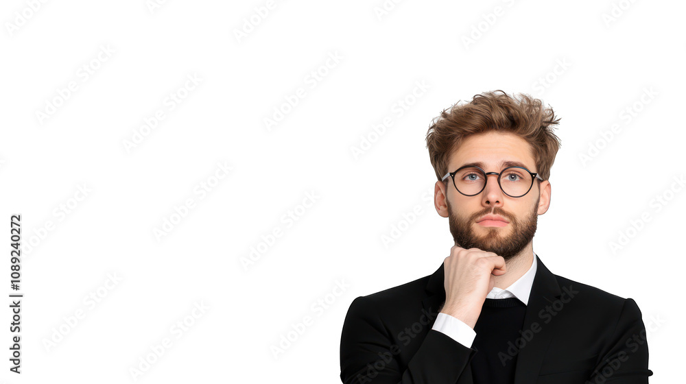 A thoughtful young man in a suit, pondering a question. Transparent background. A thoughtful young man in a suit, pondering a question. Transparent background.