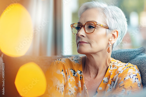 Woman in glasses,with gray hair sitting on a sofa looks thoughtfully out the window. Soft light, warm tones, golden hues. Menopause concept.