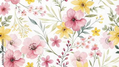 Whimsical watercolor floral pattern with playful florals in shades of pink and yellow on a soft white background, art, organic, colorful, design