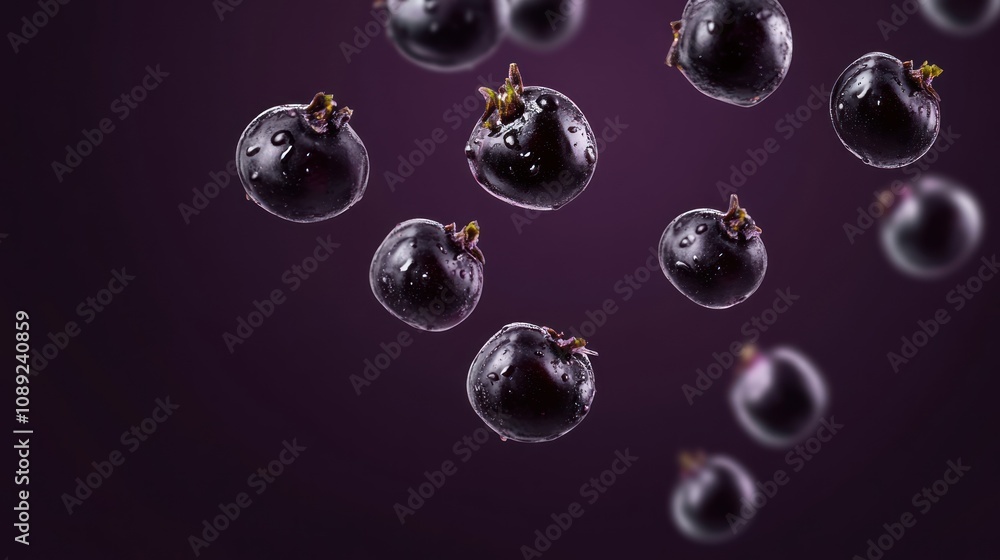 A collection of floating, water-drenched black fruits against a dark background. A collection of floating, water-drenched black fruits against a dark background.