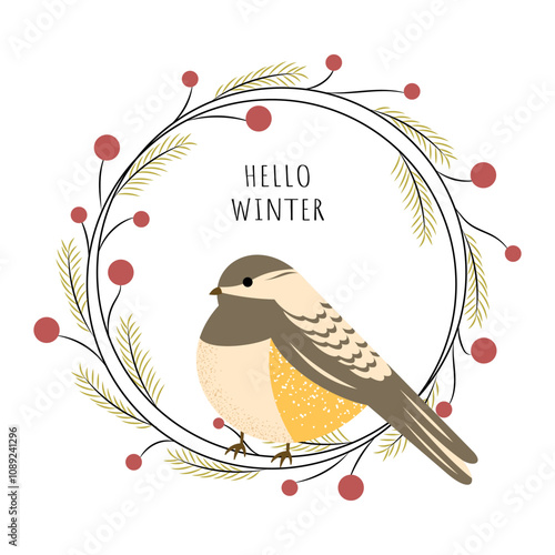 Hello winter. Bird in a Christmas wreath with branches and berries. Black-capped Chickadee. Winter vibe. Vector illustration