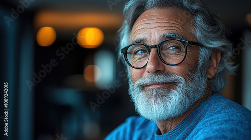 Older man with grey hair and glasses smiles warmly in a cozy indoor setting with soft lighting. Generative AI