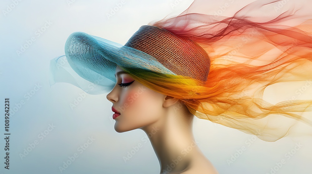 Fototapeta premium The portrait features a strikingly colorful depiction of a beautiful woman wearing an elegant hat, with vibrant hues and intricate details enhancing her graceful features.