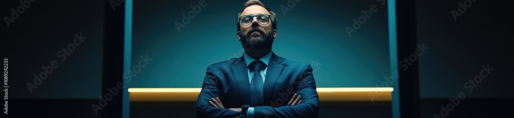 A confident businessman stands with arms crossed in a modern elevator setting. A confident businessman stands with arms crossed in a modern elevator setting.