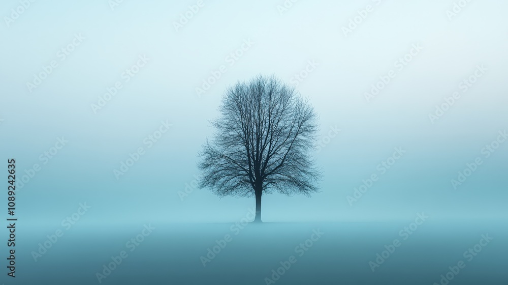 lonely tree in a foggy landscape creating a serene atmosphere lonely tree in a foggy landscape creating a serene atmosphere