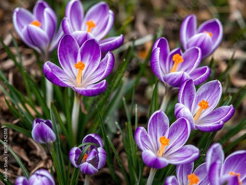 Close-up of vibrant purple and white crocuses blooming in early spring, fresh, growth, fragrant