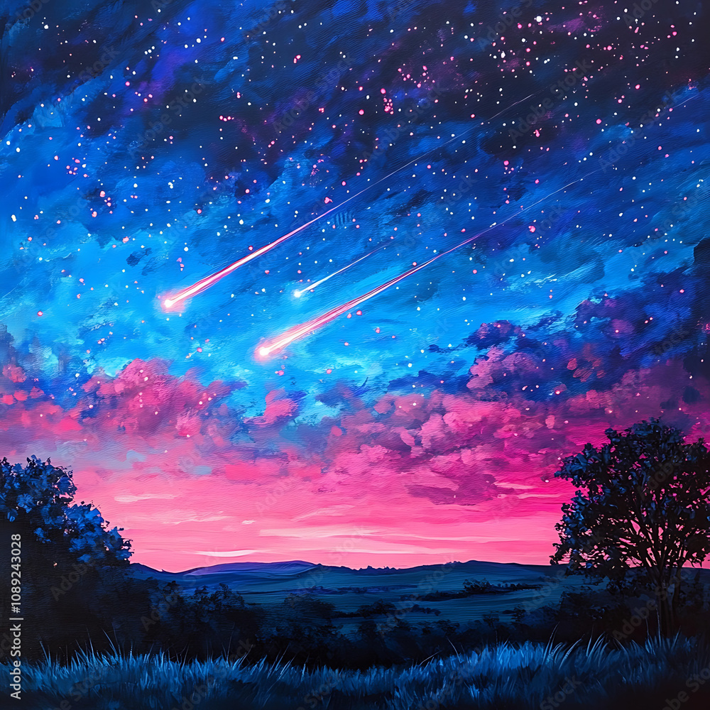 Breathtaking Cosmic Night Sky with Shooting Stars and Vibrant Color Palette Over Rolling Hills, Perfect for Nature and Space Enthusiasts Breathtaking Cosmic Night Sky with Shooting Stars and Vibrant Color Palette Over Rolling Hills, Perfect for Nature and Space Enthusiasts