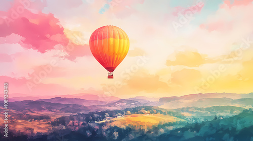 Hot air balloon ride over a lush valley, watercolor, vibrant sky at sunrise, peaceful. Dreamy Balloon Ride. Illustration