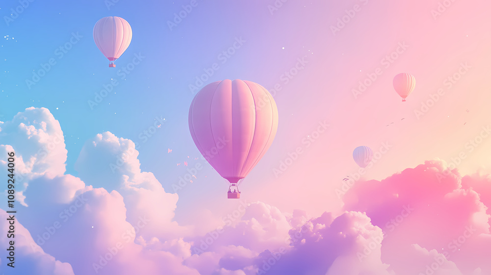 Naklejka premium Dreamy gradient light envelops whimsical hot air balloon ride in soft pastel hues with billowy clouds and endless blue skies. Dreamy Balloon Ride. Illustration