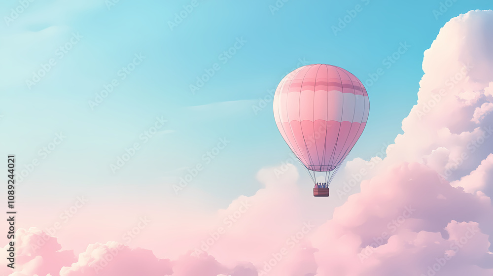 Fototapeta premium Dreamy gradient light envelops whimsical hot air balloon ride in soft pastel hues with billowy clouds and endless blue skies. Dreamy Balloon Ride. Illustration
