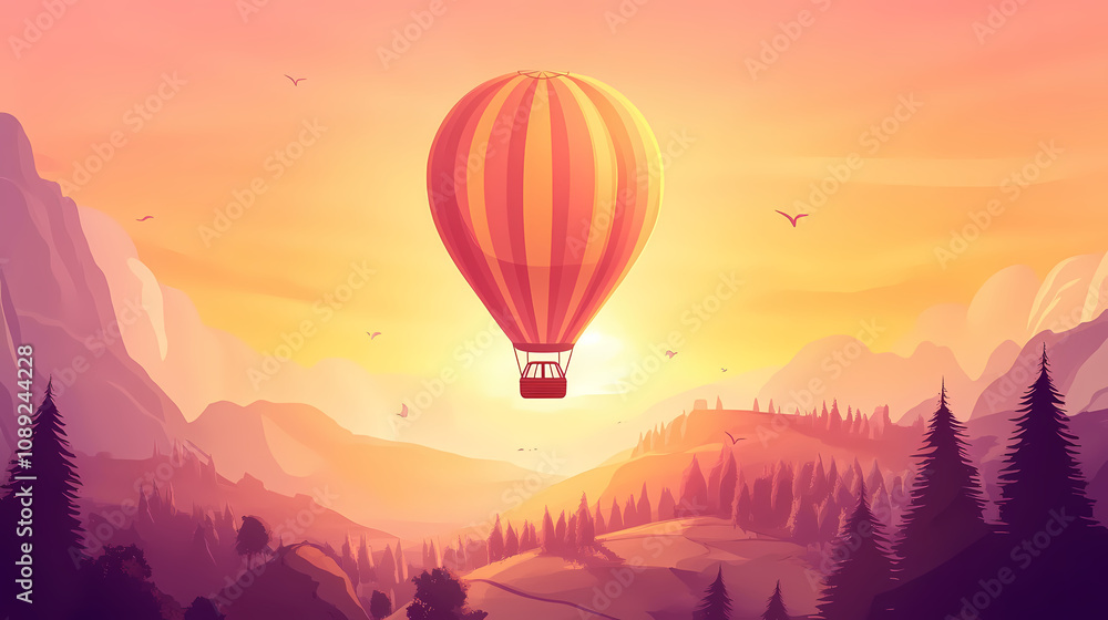 Colorful hot air balloon soaring above scenic landscape at sunrise. Dreamy Balloon Ride. Illustration Colorful hot air balloon soaring above scenic landscape at sunrise. Dreamy Balloon Ride. Illustration