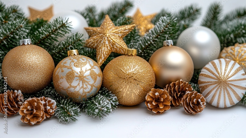 Gold and white Christmas ornaments with pine cones and branches. Gold and white Christmas ornaments with pine cones and branches.