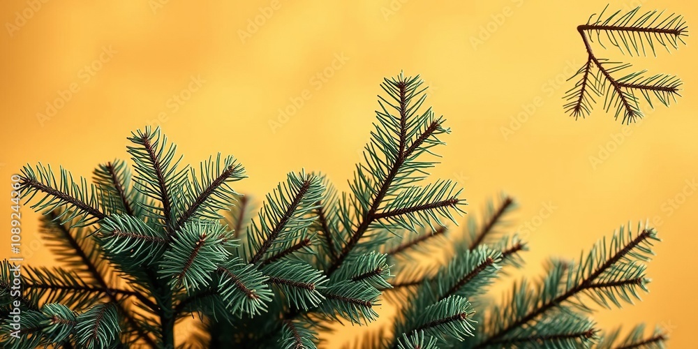 Branches of fir Christmas tree against warm golden brown background, snow, icy, rustic