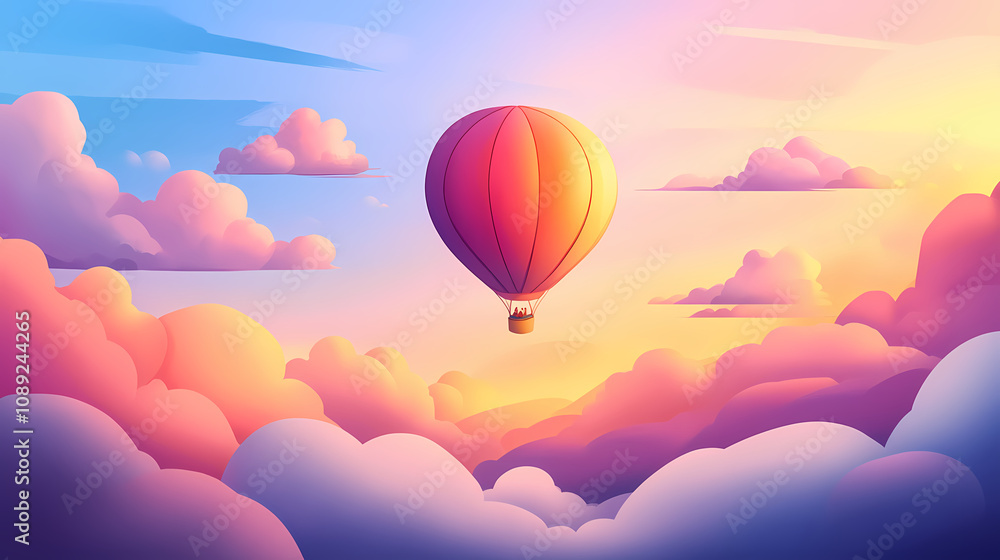 Fototapeta premium Colorful hot air balloon floating in the sky with clouds, hot air balloon, colorful, floating, sky, clouds, adventure. Dreamy Balloon Ride. Illustration