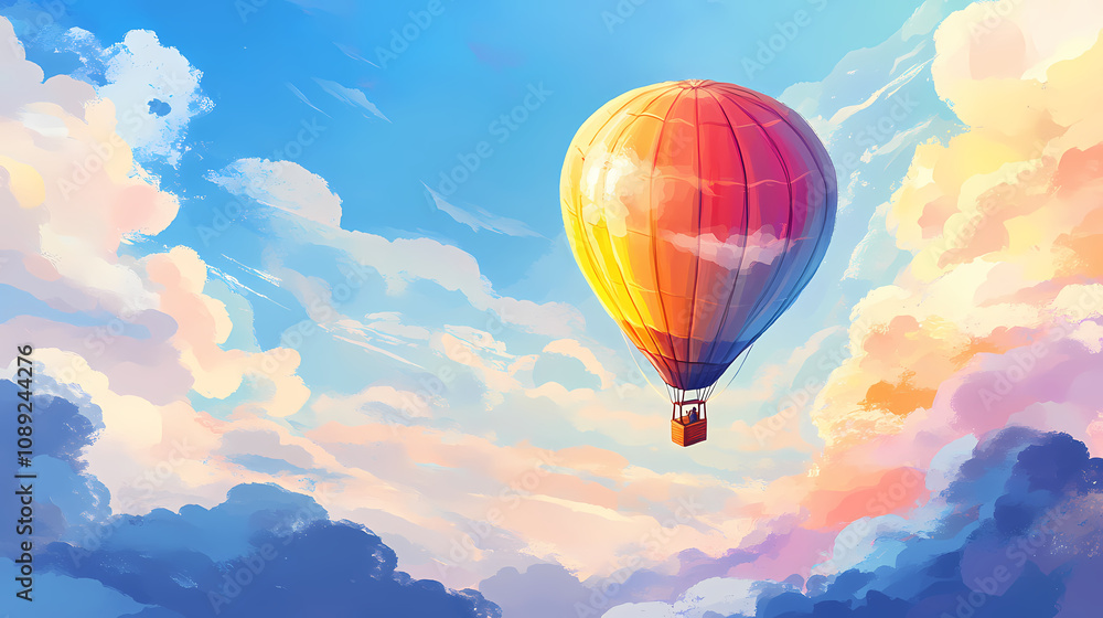 Naklejka premium Colorful hot air balloon floating in the sky with clouds, hot air balloon, colorful, floating, sky, clouds, adventure. Dreamy Balloon Ride. Illustration