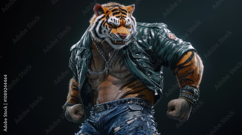 A muscular anthropomorphic tiger in a leather jacket, exuding a tough, rebellious vibe. A muscular anthropomorphic tiger in a leather jacket, exuding a tough, rebellious vibe.
