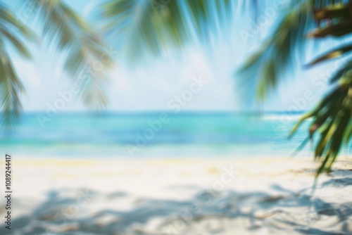 Blurred tropical beach with golden sand and blue ocean waves