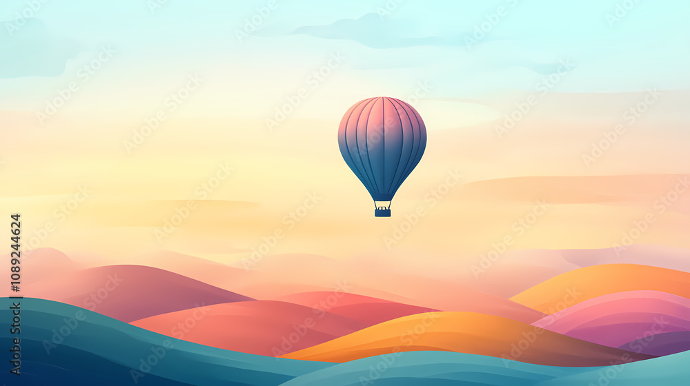 Fototapeta premium A serene hot air balloon floats above soft, colorful hills, creating a tranquil and dreamy landscape perfect for relaxation. Dreamy Balloon Ride. Illustration