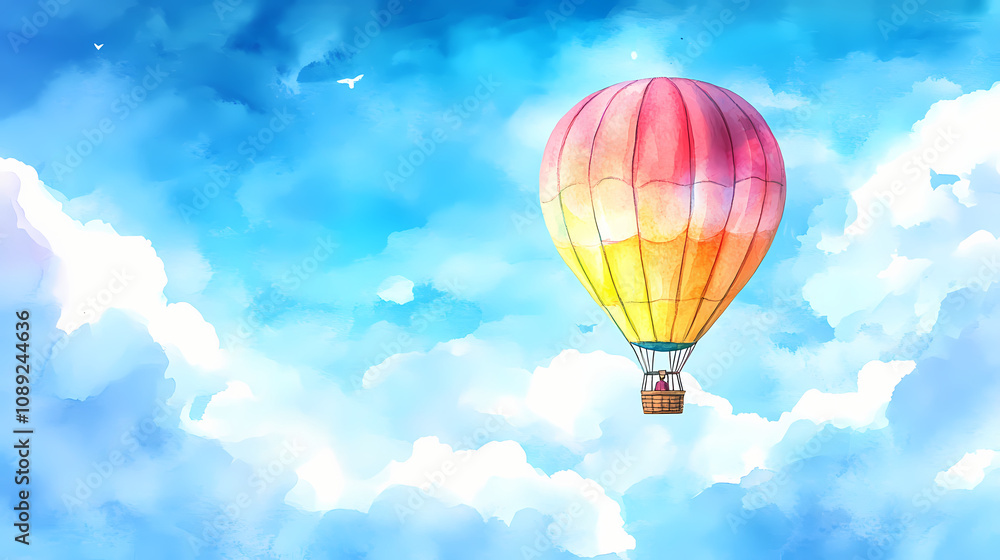 Fototapeta premium A watercolor illustration of a colorful hot air balloon flying in the sky. Dreamy Balloon Ride. Illustration