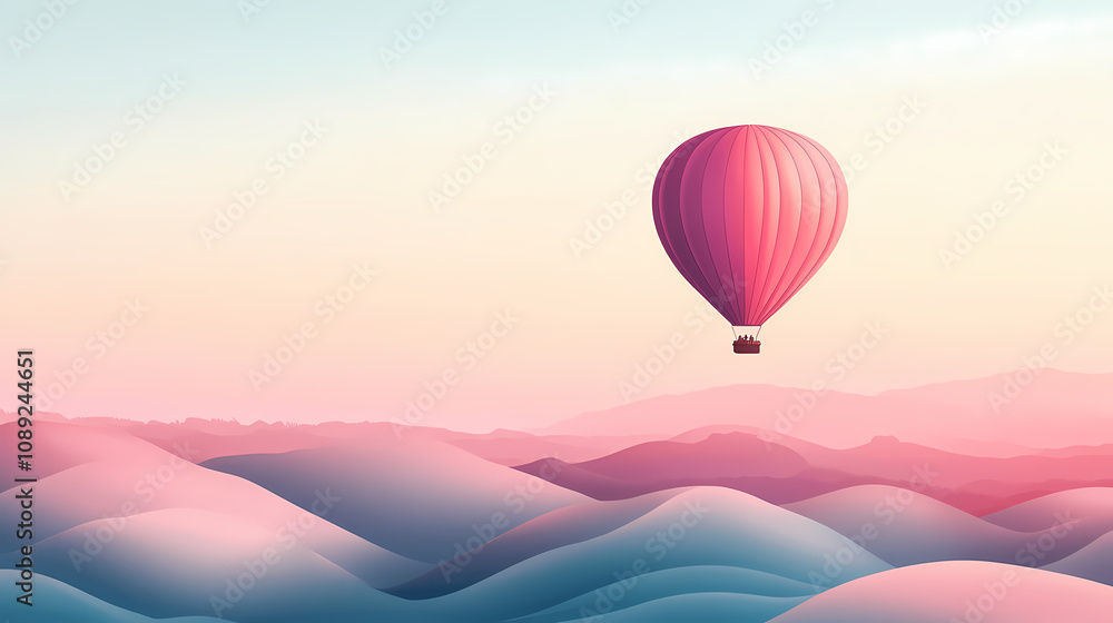 Fototapeta premium A serene hot air balloon floats above soft, colorful hills, creating a tranquil and dreamy landscape perfect for relaxation. Dreamy Balloon Ride. Illustration