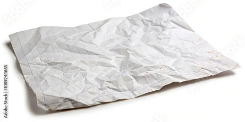 A single sheet of crumpled white paper with a few faint stains or marks, marked paper, paper discoloration, white paper, paper blemishes, stained paper