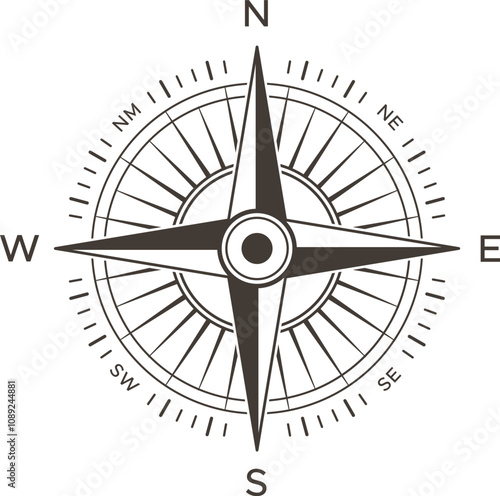 Compass rose pointing north, with radiating spokes marking cardinal directions, symbolizing navigation, exploration, and guidance