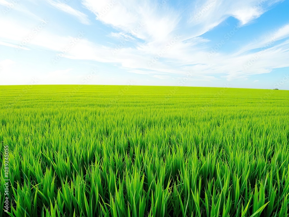 A vast expanse of vibrant green grass stretching towards the sky with a few wispy clouds, blue sky, meadow landscape, rural scene A vast expanse of vibrant green grass stretching towards the sky with a few wispy clouds, blue sky, meadow landscape, rural scene