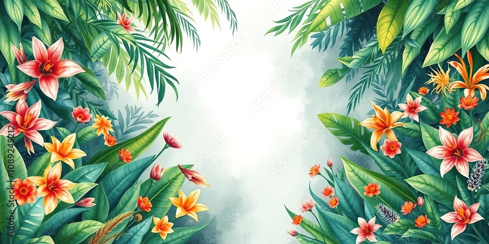 Watercolor illustration of a lush jungle scene with exotic plants and flowers, serenity, nature, illustrations Watercolor illustration of a lush jungle scene with exotic plants and flowers, serenity, nature, illustrations