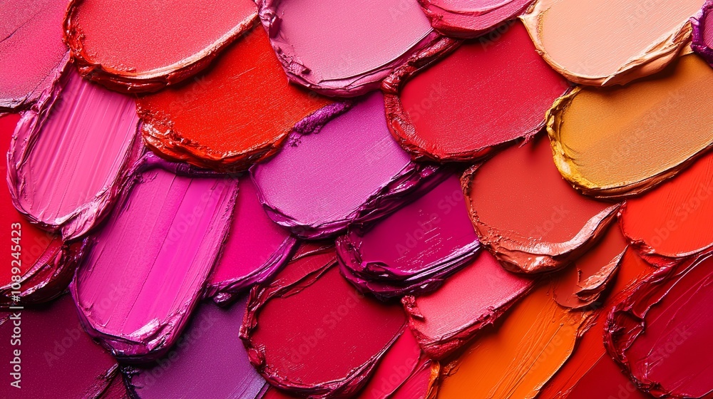 An array of vibrant lipsticks adorn a vibrant backdrop, embodying the essence of artistry and allure within the realm of cosmetics and aesthetics. 
